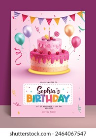 Birthday girl invitation vector poster template. Happy birthday greeting with cake dessert, balloons and streamers decoration elements for girl invitation card design. Vector illustration birthday 