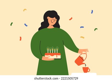 Ilustración vectorial de la fiesta de las niñas de cumpleaños. Mujer sonriente sosteniendo pastel con velas ardientes vertiendo té o bebida. Postal feliz diseño de cumpleaños. Persona celebrando el evento solo. Cena festiva