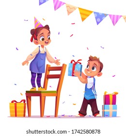 Birthday girl receive gift from boy. Little child in festive hat stand on chair with confetti and garlands around getting present from invited guests. Children party, event Cartoon vector illustration