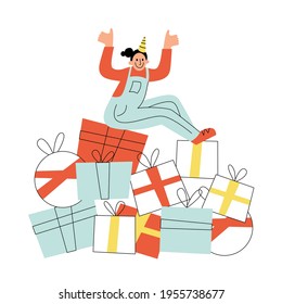 Birthday girl sitting on the pile of gifts. Flat style vector illustration of happy character with a lot of present boxes