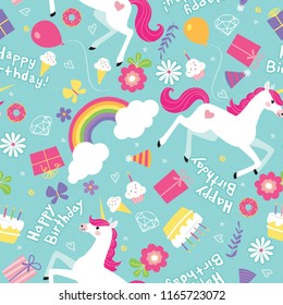 Birthday Girl Unicorn Rainbow Seamless Vector Pattern. Happy Birthday is handwritten as unicorns, rainbows, and butterflies frolic around birthday party elements. Cheerful, girly colors!