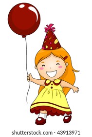 Birthday Girl Walking Carrying A Balloon - Vector