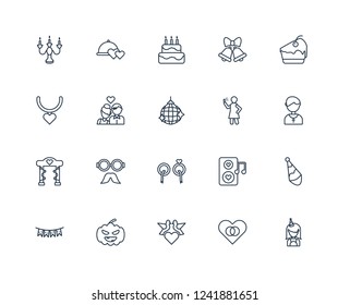 Birthday girl, Wedding day, Love Birds, Halloween, Garland, Cake slice, Selfie, Engagement, wedding Altar, Couple, cake outline vector icons from 20 set