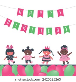 Birthday girls party. Greeting Card template. Invitation template. Cute children dance. Flags Happy Birthday. Diverse Group of little kids have fun. Happy baby girls. Pink Green balloons. Vector