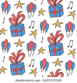 Birthday girly party wax crayon seamless pattern. Festive doodle gift, stars and balloons endless background. Hand drawn music note kids continuous cover. Vector hand drawn illustration.