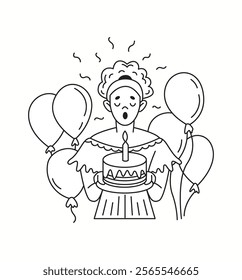 Birthday girth blowing candle on cake linear icon. Young woman celebrating b-day holiday doodle character doodle thin line illustration