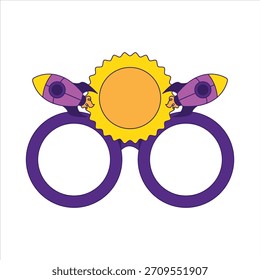 Gafas de cumpleaños Tema Sol y cohete Espacio Icono de dibujos animados