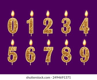 Birthday glitter golden candle numbers with flame. Vector design.