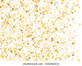 Birthday gold square confetti tinsels flying on white. Glittering holiday vector sequins background. Gold foil confetti party explosion pattern. Many sparkles party background.