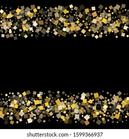 Birthday gold square confetti tinsels falling on black. Luxurious holiday vector sequins background. Gold foil confetti party elements space. Many particles invitation backdrop.