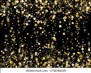 Birthday gold square confetti tinsels scatter on black. VIP Christmas vector sequins background. Gold foil confetti party pieces isolated. Square sparkles surprise backdrop.