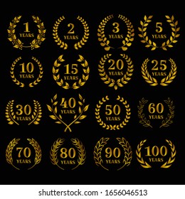 Birthday gold symbols with laurels leaf shapes. Emblem for achievement award. Golden anniversary laurel wreaths. Vector.