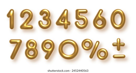 Birthday golden balloon numbers isolated on white background. Set of gold yellow isolated numbers. Bright metallic 3D realistic vector design elements for anniversary, celebration, party, sale, logo.