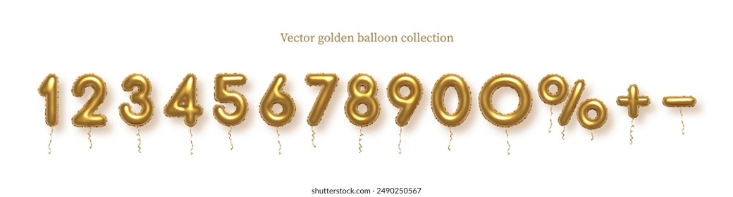 Birthday golden balloon numbers isolated on white background. Set of gold yellow isolated numbers. Bright metallic 3D realistic vector design elements for anniversary, celebration, party, sale.