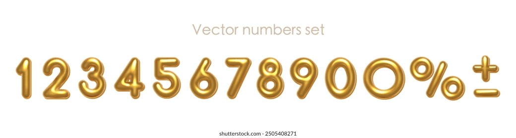 Birthday golden balloon numbers isolated on white background. Set of gold yellow isolated numbers. Bright metallic 3D realistic vector design elements for anniversary, celebration, party, sale.