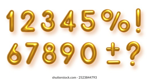 Birthday golden balloon numbers isolated on white background. Set of gold yellow isolated numbers. Bright metallic 3D realistic vector design elements for anniversary, celebration, party, sale.