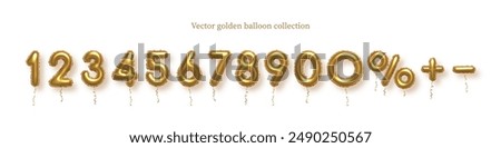 Birthday golden balloon numbers isolated on white background. Set of gold yellow isolated numbers. Bright metallic 3D realistic vector design elements for anniversary, celebration, party, sale.