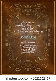 Birthday Golden Floral ornamental party frame. Wallpaper baroque, damask party vector design template. Gold and black ornament. EPS 10. Elements are layered separately in vector file.