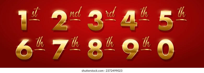 Birthday golden numbers and ending of the words isolated on red background.. Set of gold yellow isolated numbers. Bright metallic 3D, realistic vector design elements.