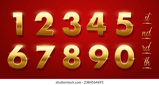 Birthday golden numbers and ending of the words isolated on red background.. Set of gold yellow isolated numbers. Bright metallic 3D, realistic vector design elements.