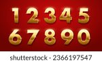 Birthday golden numbers isolated on red background. Set of gold yellow isolated numbers. Bright metallic 3D, realistic vector design elements.
