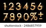 Birthday golden numbers isolated on black background. Collection of anniversary gold yellow numbers. Luxury bright metallic font. Realistic vector design elements for party, holiday, sale, promotion.