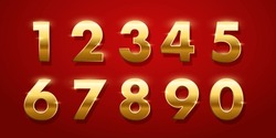 Birthday Golden Numbers Isolated On Red Background. Set Of Gold Yellow Isolated Numbers. Bright Metallic 3D, Realistic Vector Design Elements.
