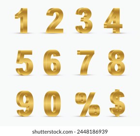 Birthday golden numbers isolated on white background. Set of gold yellow isolated numbers. Bright metallic 3D, realistic vector design elements. volumetric shiny Golden numbers and percent sign