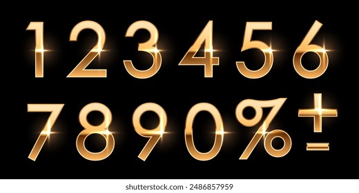 Birthday golden numbers isolated on black background. Collection of anniversary gold yellow numbers. Luxury bright metallic font. Realistic vector design elements for party, holiday, sale, promotion.