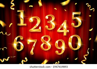 Birthday golden numbers, on the background of a red curtain. Gold ribbons and confetti. Vector design elements