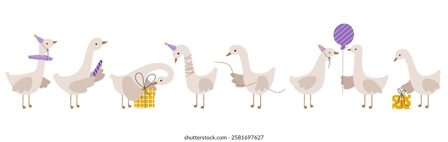 Birthday goose vector hand drawn illustration. Goose celebrate happy Birthday. Kids, baby, children cartoon illustration