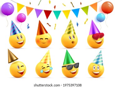 Birthday graphic elements set with yellow smiling faces in cone hats with happy expressions and round balloons and festive flags with confetti, isolated