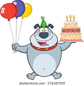 Birthday Gray Bulldog Cartoon Mascot Character Holding Up A Birthday Cake With Candles