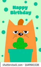 Birthday Greeteng Card With Grumpy Funny Cat. Vector Illustration With Cute Animal