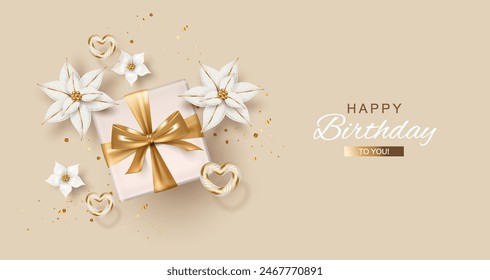 Birthday greeting banner. Holiday composition with white beautiful flowers, hearts and gift box with a golden bow