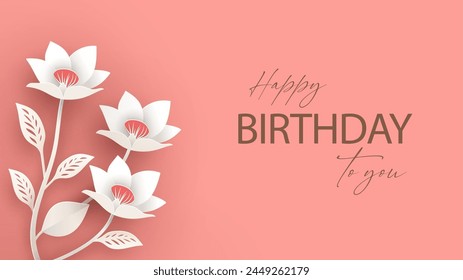 Birthday greeting banner in paper cut style. Abstract paper flowers on a pink background.