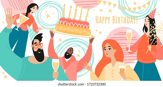 Birthday greeting banner template with cheerful young people drinking wine and a big cake. Cartoon vector illustration in a flat style.