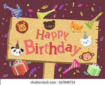 Birthday greeting board with animal head ornament in purple confetti background.