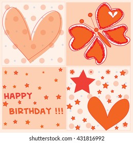 birthday greeting with butterfly and hearts and stars vector illustration