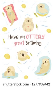 Birthday greeting cad with cute otters. Funny party. Invitation template