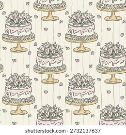 Geburtstag Grußkuchen nahtloses Vektormuster - florale Tulpen, gestreifte Cottagecore Frühling Design Hintergrund