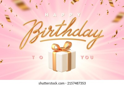 Birthday greeting card. 3d greeting calligraphy and gift box with golden bow ribbon. Vector illustration.