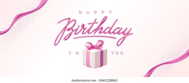 Birthday greeting card. 3d greeting calligraphy and gift box with pink bow. Vector illustration.