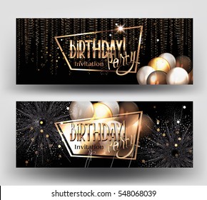 Birthday greeting card  with air balloons, serpentine, gold frame, serpentine and fireworks. Vector illustration