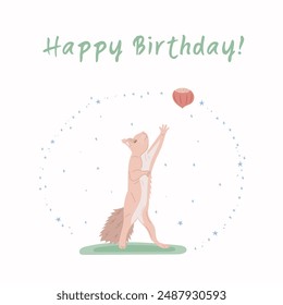 Children’s birthday greeting card. Animal in grass concept. Cute lovely squirrel reaching for a nut. Vector illustration in flat style. 