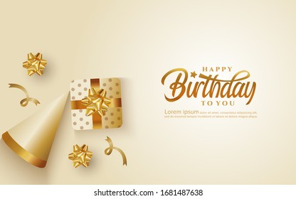 Birthday greeting card background with gift box and cap