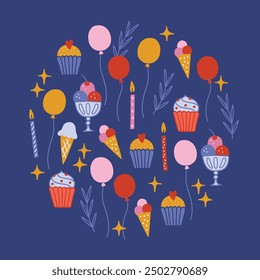 Birthday greeting card with balloon, ice cream, leaves, stars, cupcakes, candles on violet background. Circle ornament in scandinavian style. Vector illustration