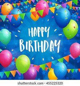 Birthday greeting card with balloons, flags and confetti on blurred blue background with stars.