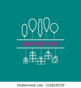 Нappy birthday greeting card with balloons and gifts in a minimalist style to decorate banners and postcards. For 
organization of holidays, events and parties. Print on festive costumes and brochure.
