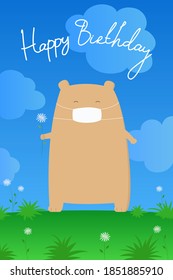 Birthday greeting card. Bear in mask hold flower. Cartoon style. Vector illustration.